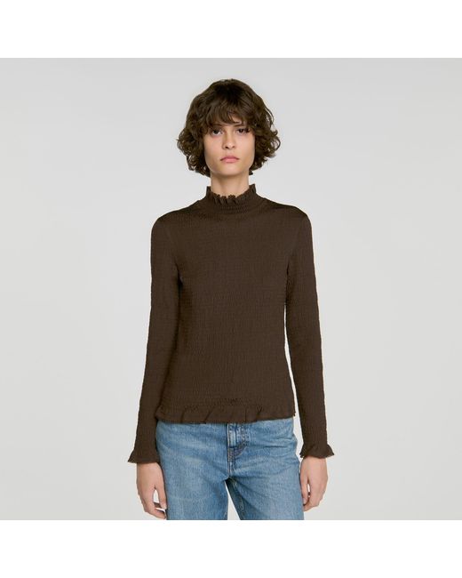 Sandro Blue Smocked T-Shirt With Ruffle Collar
