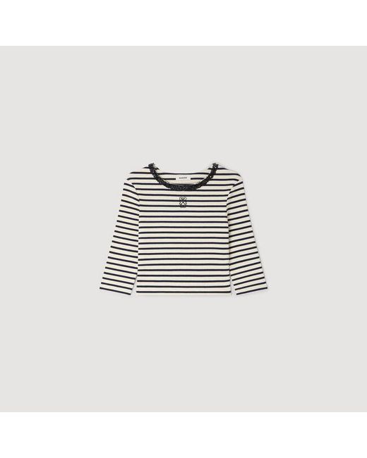 Sandro Blue Short Striped Tee With Pearl Collar