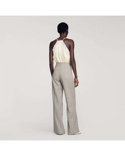 Sandro White Wide-Leg Check Wool Trousers