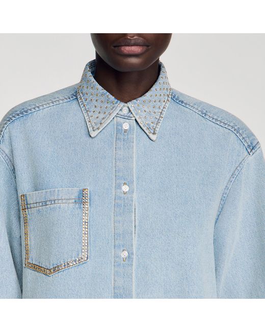Sandro Blue Rhinestone Cropped Denim Shirt
