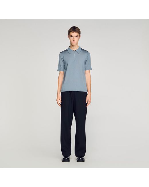 Sandro Blue Knitted Polo Shirt With Zip Collar for men