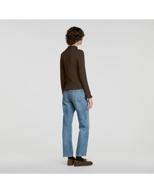 Sandro Blue Smocked T-Shirt With Ruffle Collar