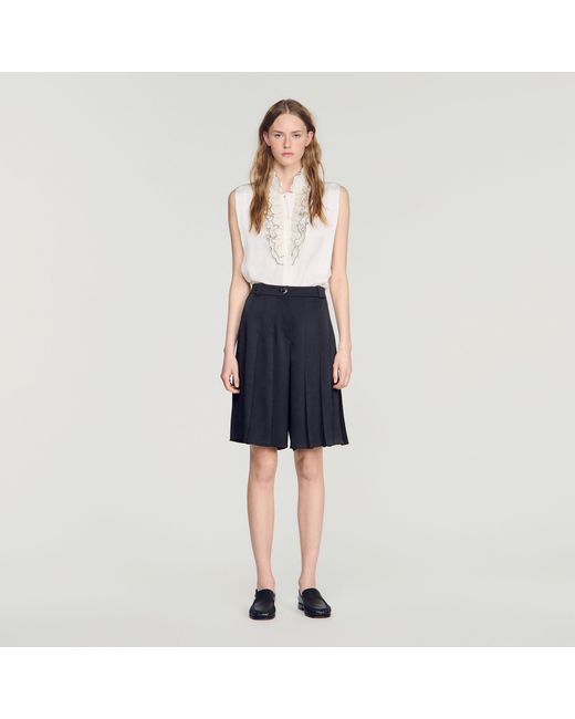 Sandro Blue Long High-Waisted Pleated Shorts