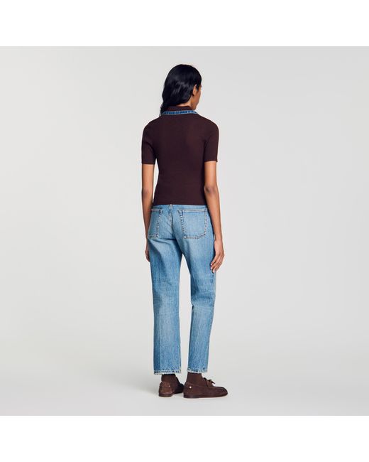 Sandro Blue Polo Sweater With Denim Collar