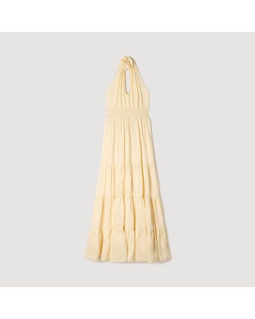 Sandro Natural Linen Maxi Dress With Flower Detail