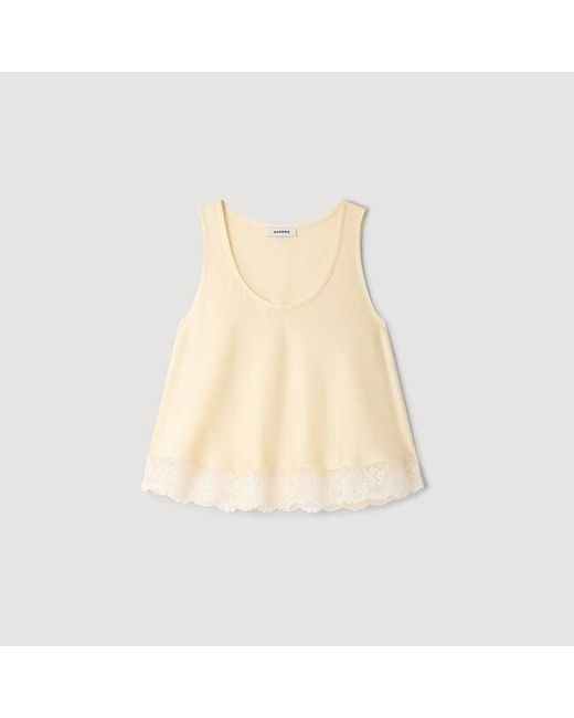 Sandro Blue Satin Top With Lace Trim