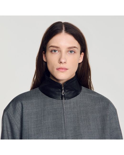 Sandro Blue Oversized Leather-Collar Jacket