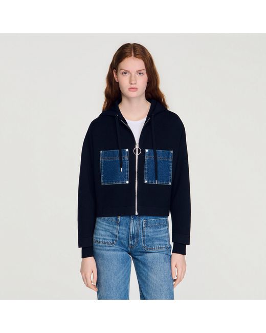 Sandro Blue Knit And Denim Sweatshirt