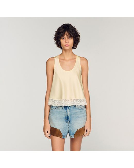 Sandro Blue Satin Top With Lace Trim