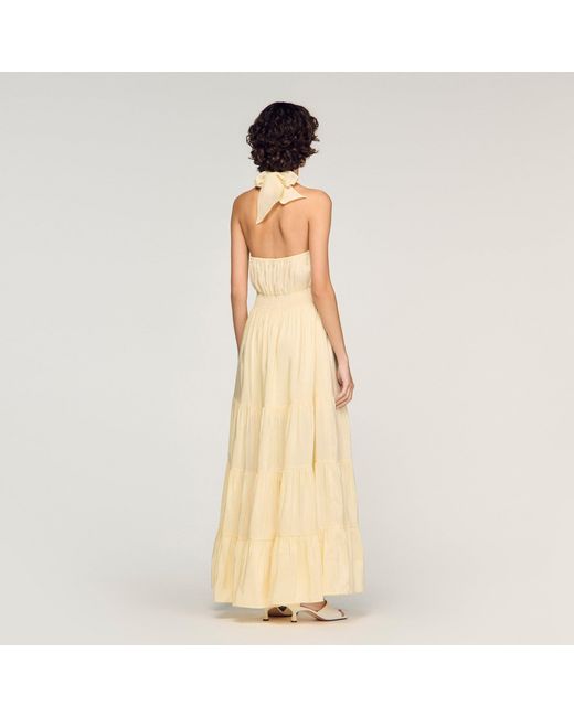 Sandro Natural Linen Maxi Dress With Flower Detail