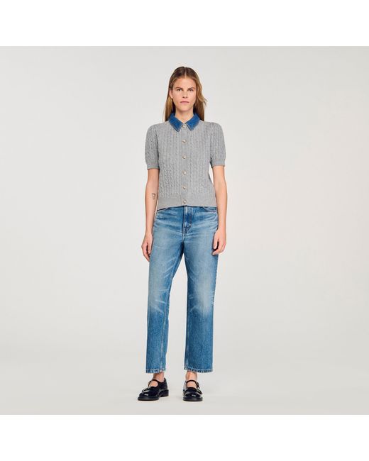 Sandro Blue Cardigan With Denim Collar