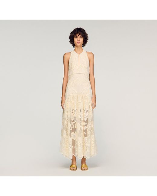 Sandro Natural Floral Cotton Guipure Maxi Dress