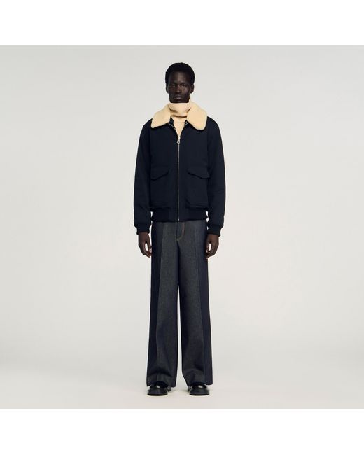 Sandro Blue Shearling Collar Aviator Jacket for men