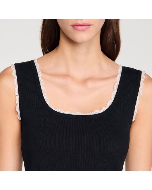 Sandro Black Beaded Embroidered Cotton Vest Top