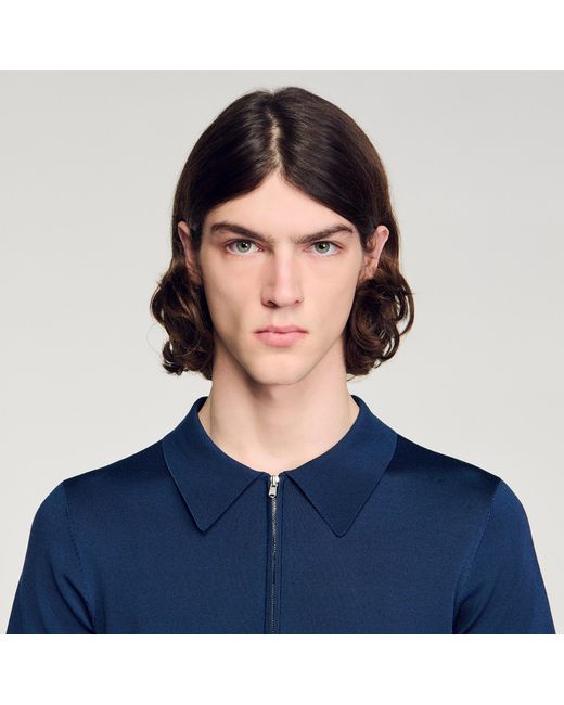 Sandro Blue Knitted Polo Shirt With Zip Collar for men