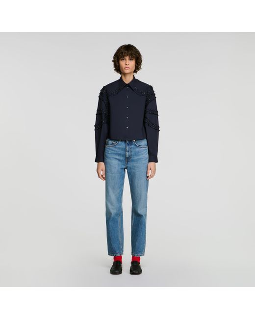 Sandro Blue Gathered Rhinestone Cotton Shirt