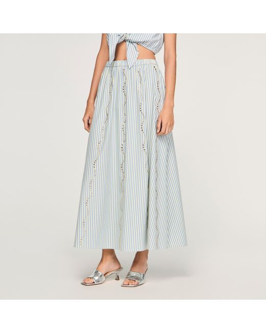 Sandro White Rhinestone Striped Long Skirt