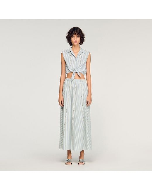 Sandro White Cropped Striped Rhinestone Shirt