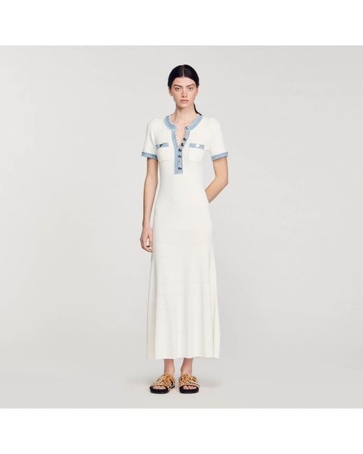 Sandro White Knit And Denim Midi Dress