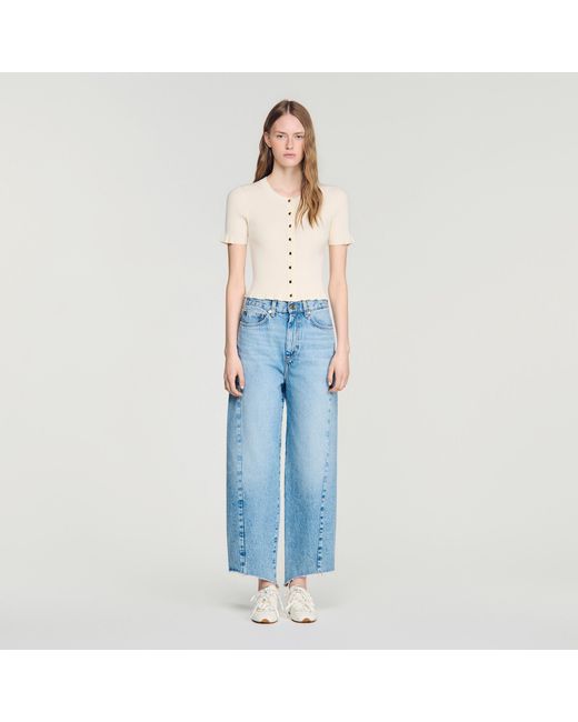 Sandro Blue Ruffled Rib Knit Cardigan