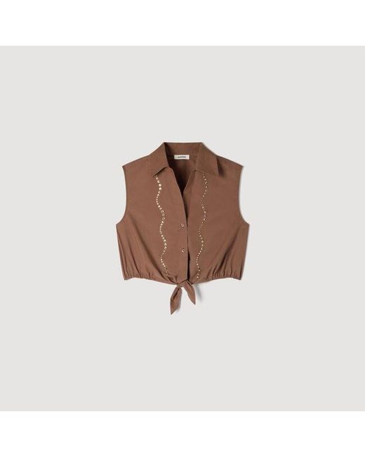 Sandro Brown Rhinestone Cropped Shirt