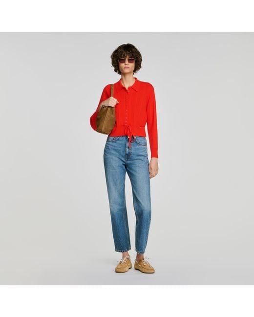 Sandro Red Pointelle Knit Cardigan