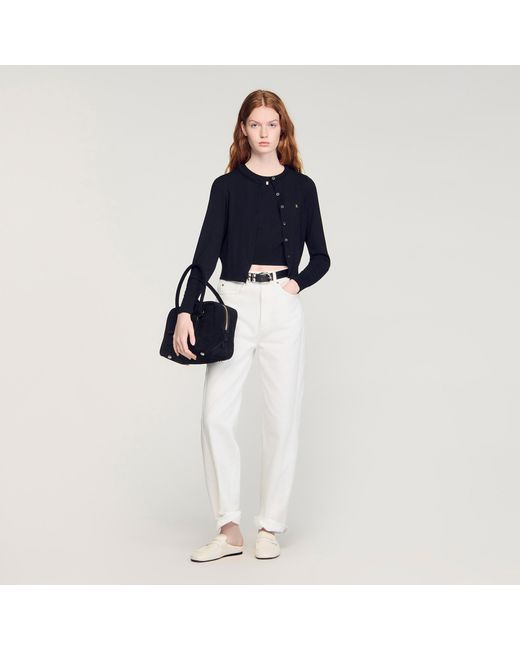 Sandro Blue Cropped Padded Round Neck Cardigan