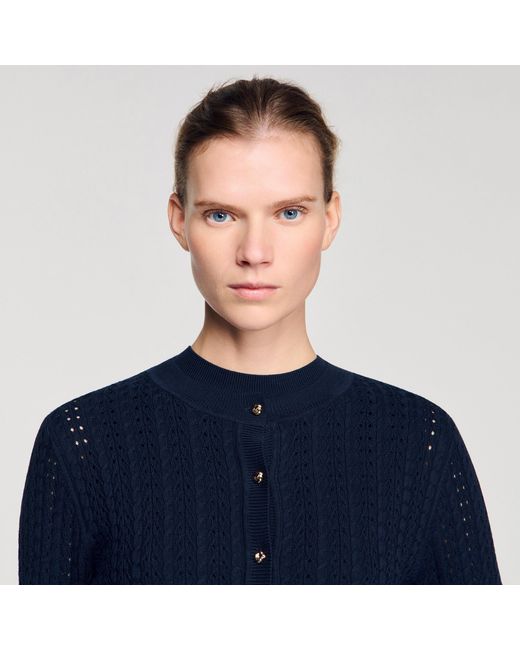 Sandro Blue Cropped Textured Knit Cardigan