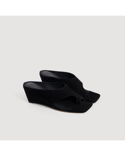 Sandro Black Suede Wedge Sandals