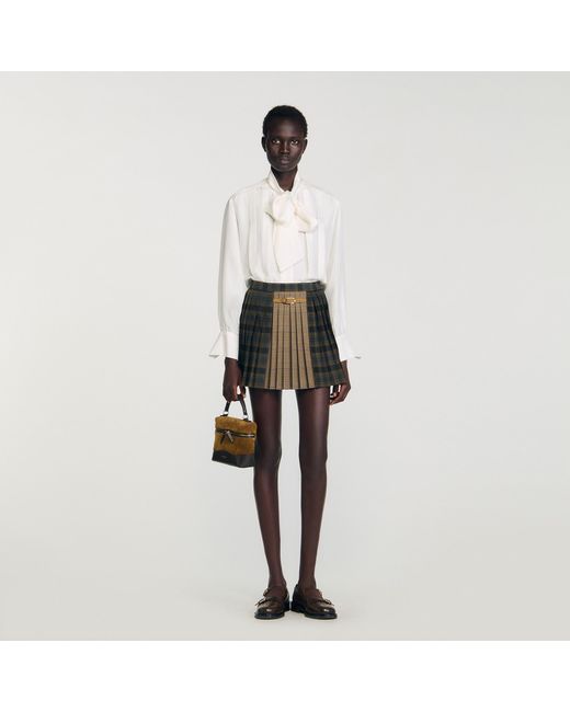 Sandro White Short Checked Pleated Skirt