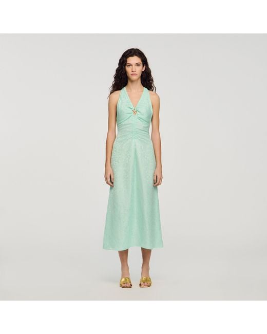 Sandro Green Floral Print V-Neck Maxi Dress