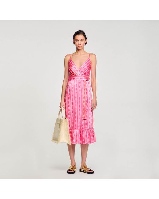 Sandro Pink Midi Dress With Tie Belt