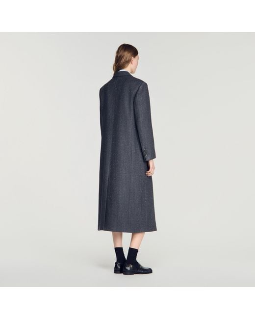 Sandro Blue Long Wool Coat With Rhinestones