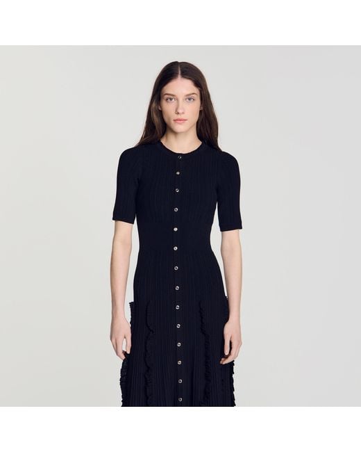 Sandro Blue Knit Maxi Dress With Ruffles