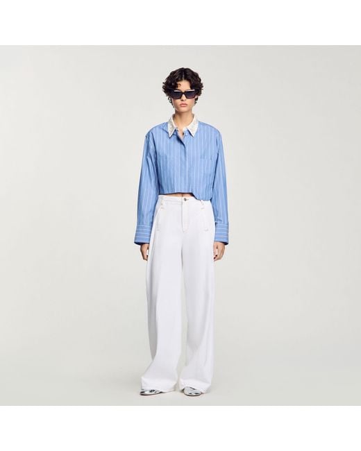 Sandro Blue Striped Cropped Shirt With Rhinestone