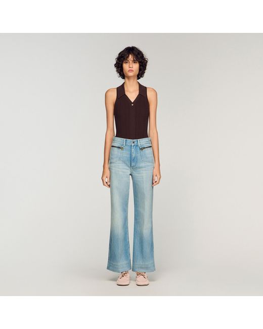 Sandro Blue Faded Straight Zipped Cotton Jeans