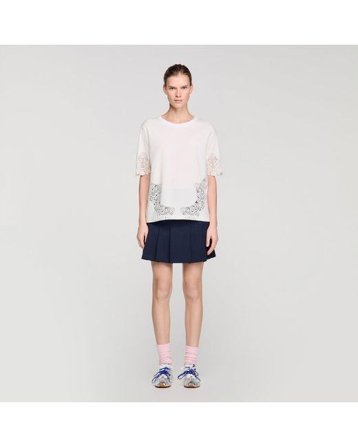 Sandro Blue Cotton T-Shirt With Lace Detail
