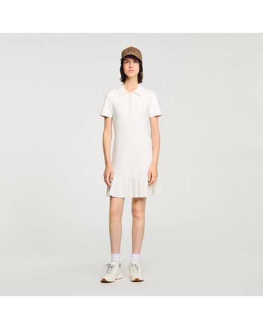 Sandro White Short Knit Dress With Polo Neck