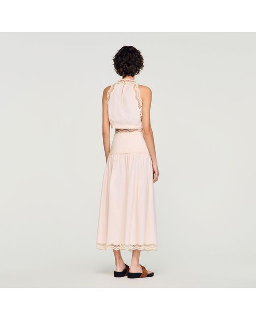 Sandro Pink Long Cotton Skirt With Trim