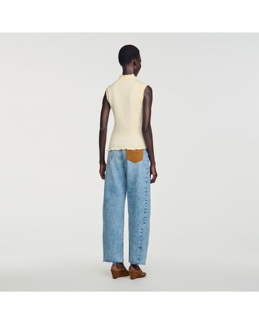 Sandro Blue Smocked T-Shirt With Flower Detail