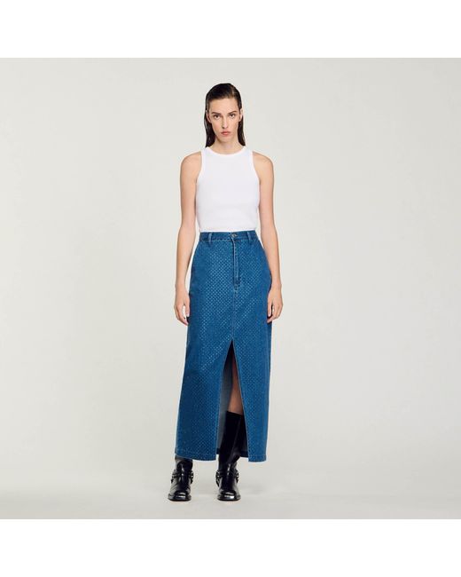 Sandro Blue Rhinestone-Embellished High-Rise Denim Maxi Skirt