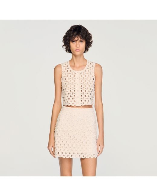 Sandro Natural Beaded Crochet Cardigan