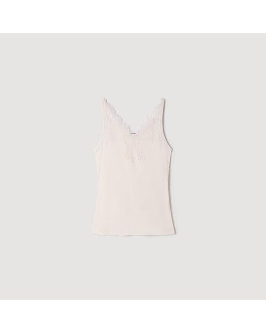 Sandro Blue Ribbed Vest Top With Lace