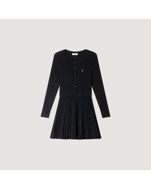 Sandro Black Pleated Knit Short Dress