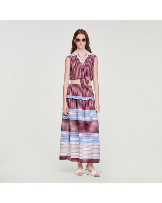 Sandro Red Cropped Striped Cotton Shirt