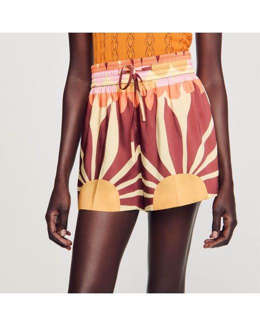 Sandro Orange Patterned Satin-Effect Shorts