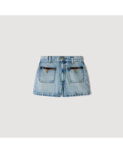 Sandro Blue Denim Shorts With Leather Detail