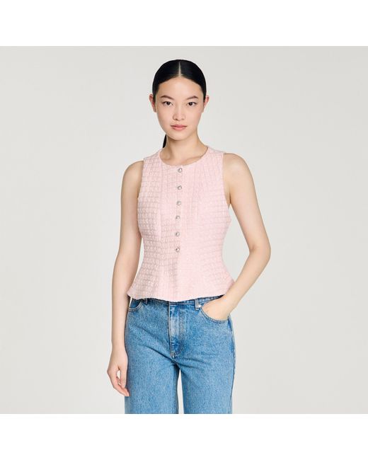 Sandro Blue Beaded Check Tweed Jacket