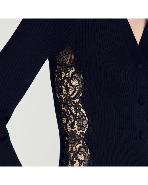 Sandro Blue Cardigan With Lace Panel