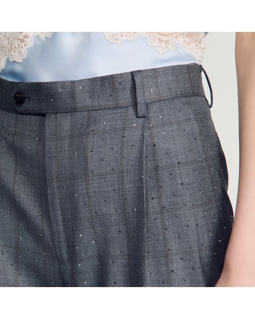 Sandro Blue Rhinestone Check Wool Trousers